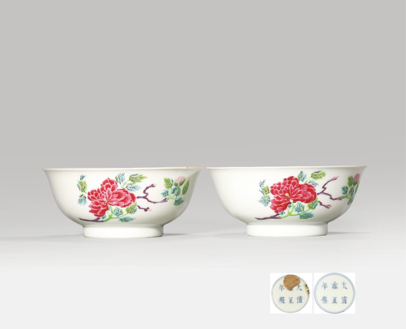 清雍正 粉彩没骨花卉纹碗一对 - 图1