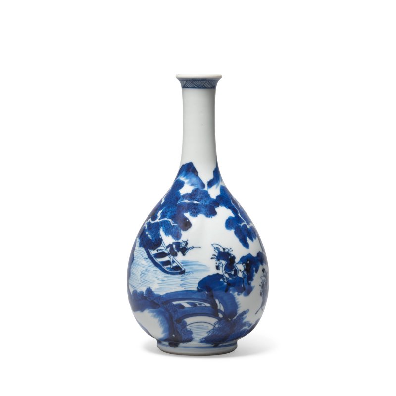 清康熙 青花蕭何月下追韓信圖長頸瓶 | A BLUE AND WHITE 'HAN XIN' PEAR-SHAPED VASE