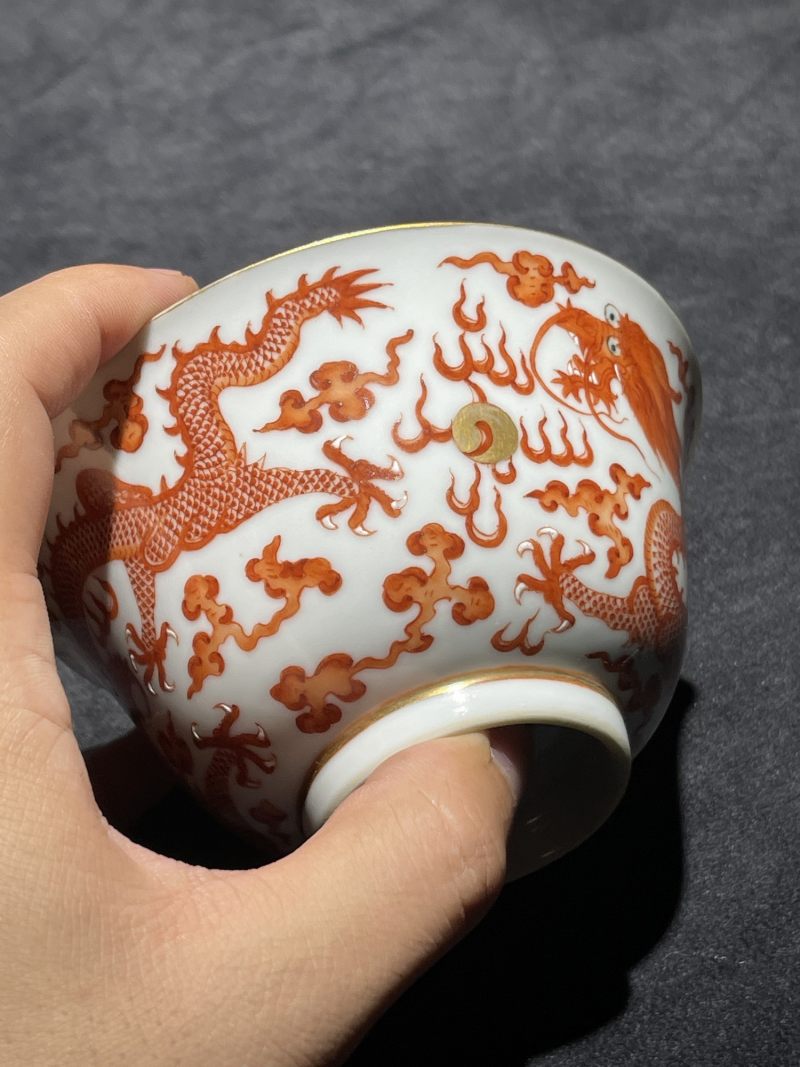 清道光 矾红龙纹茶园一对 - 图4