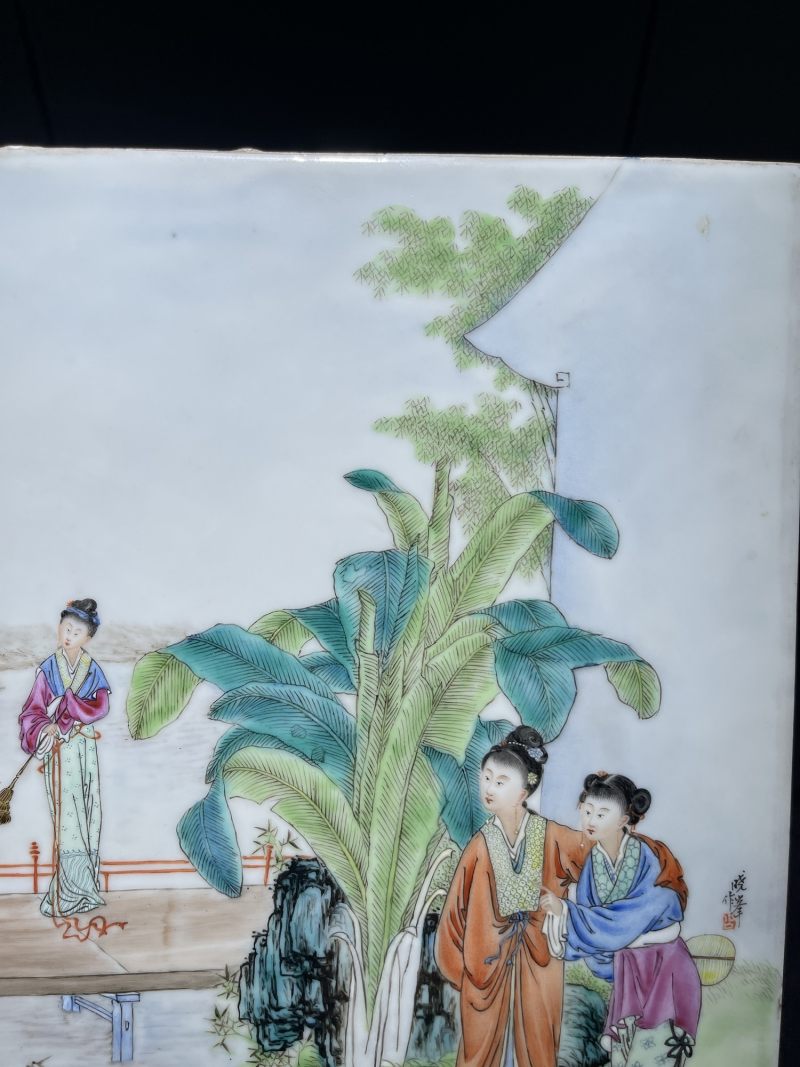 民国 熊晓峰画粉彩红楼梦纹瓷板一对 - 图4