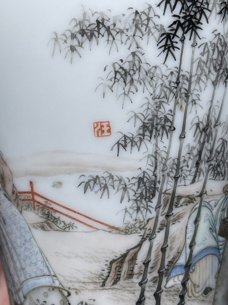 民国 汪晓棠粉彩竹林七贤纹梅瓶一对 - 图9
