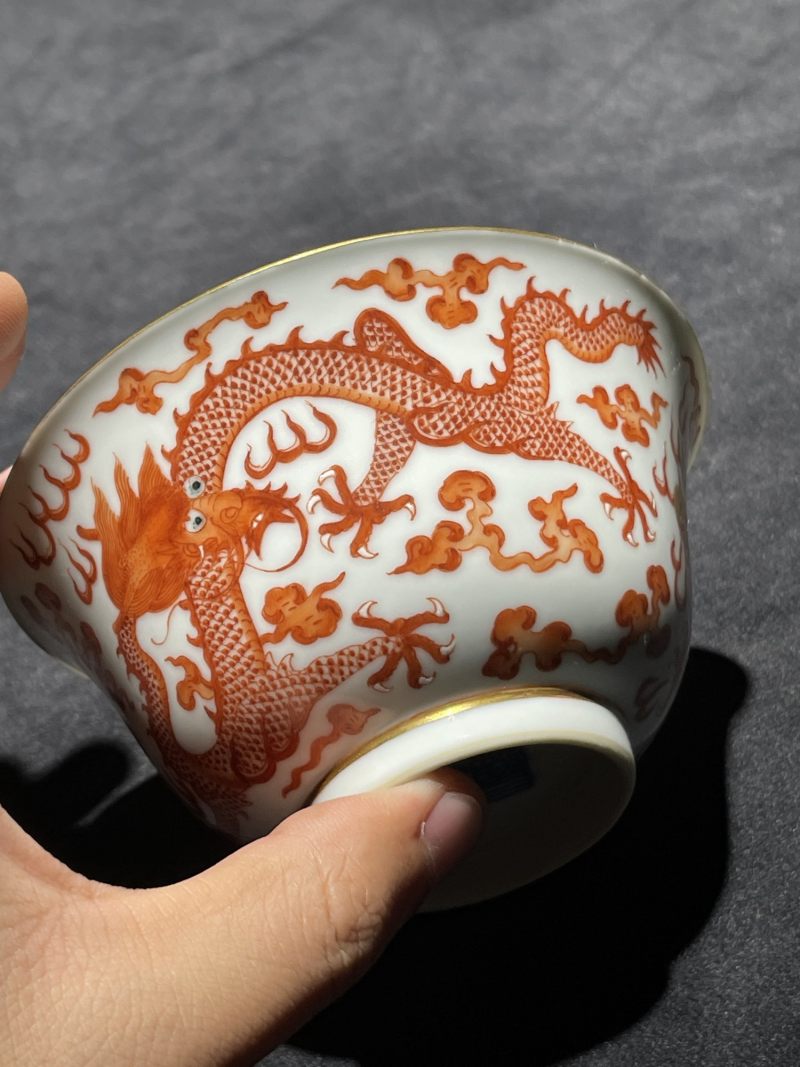 清道光 矾红龙纹茶园一对 - 图12