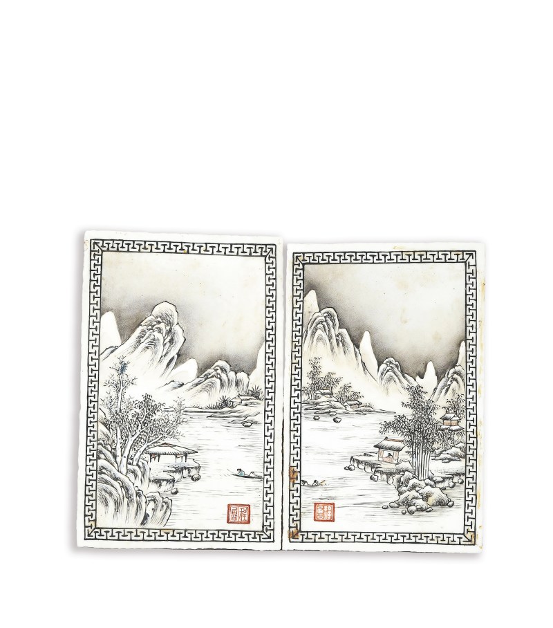 解放后 粉彩雪景图瓷板一对