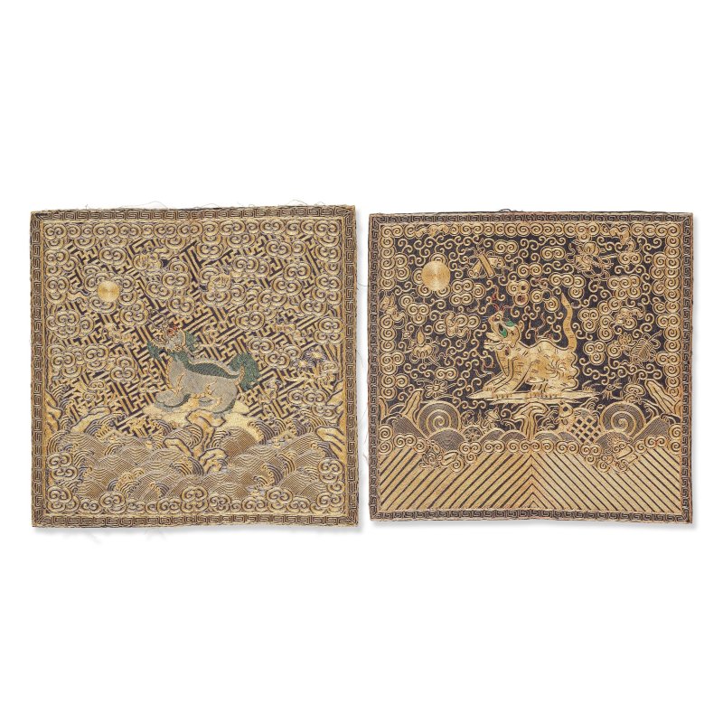 十九世紀 緞綉麒麟紋補子及虎紋補子 | TWO EMBROIDERED MILITARY RANK BADGES, BUZI