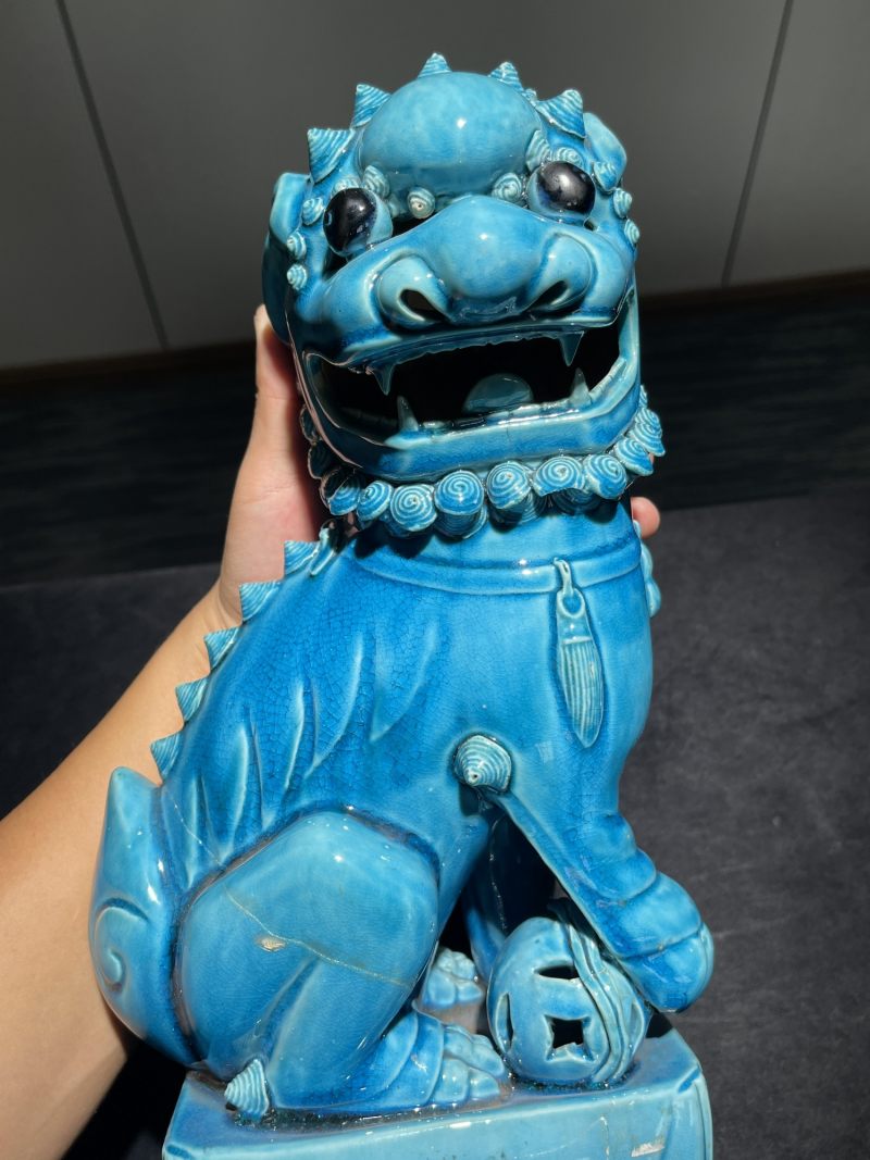 清康熙 孔雀蓝釉狮子瓷塑一对 - 图7