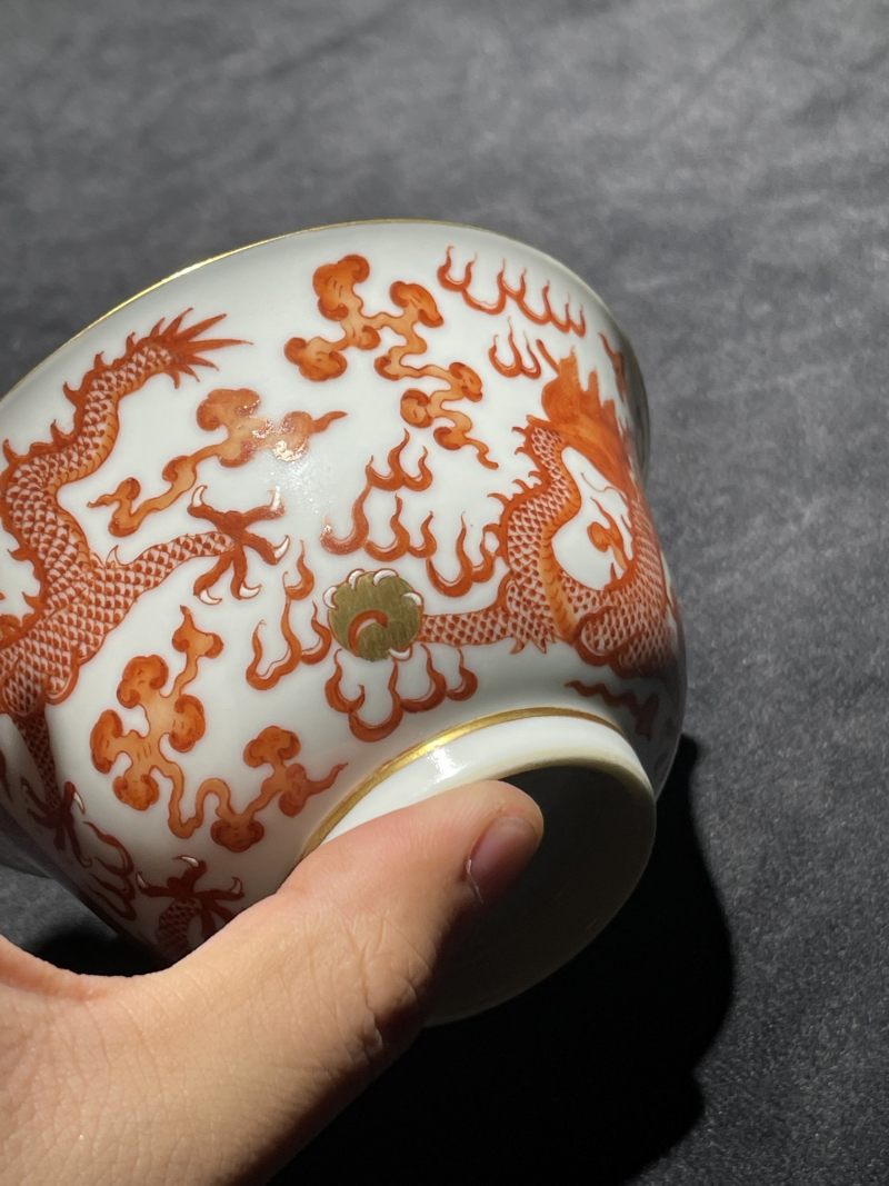 清道光 矾红龙纹茶园一对 - 图13