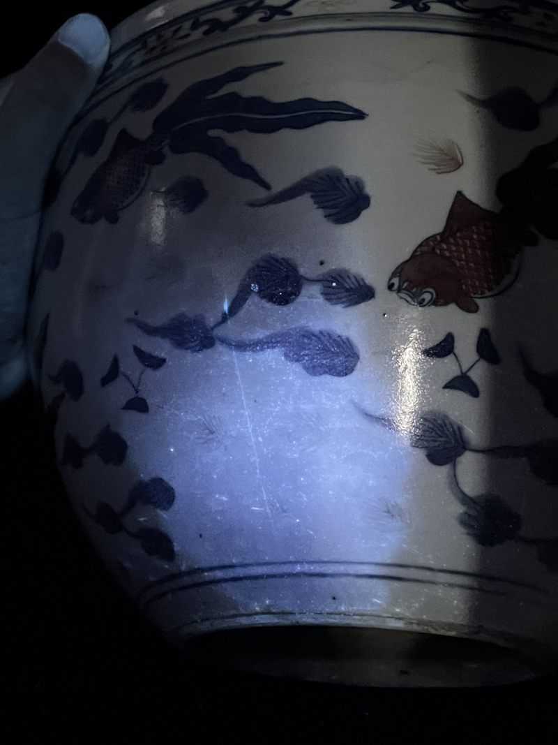 清中期 青花釉里红鱼藻纹卷缸 - 图12