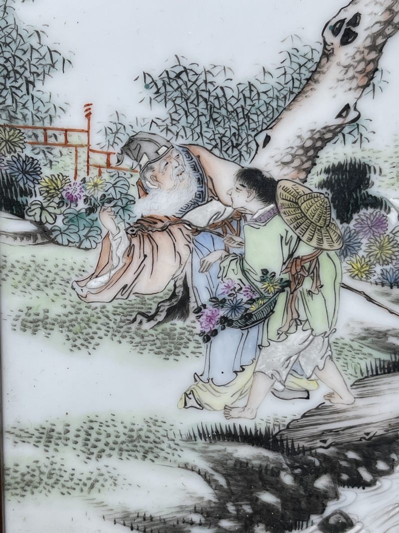 民国 粉彩陶渊明爱菊纹瓷板 - 图4