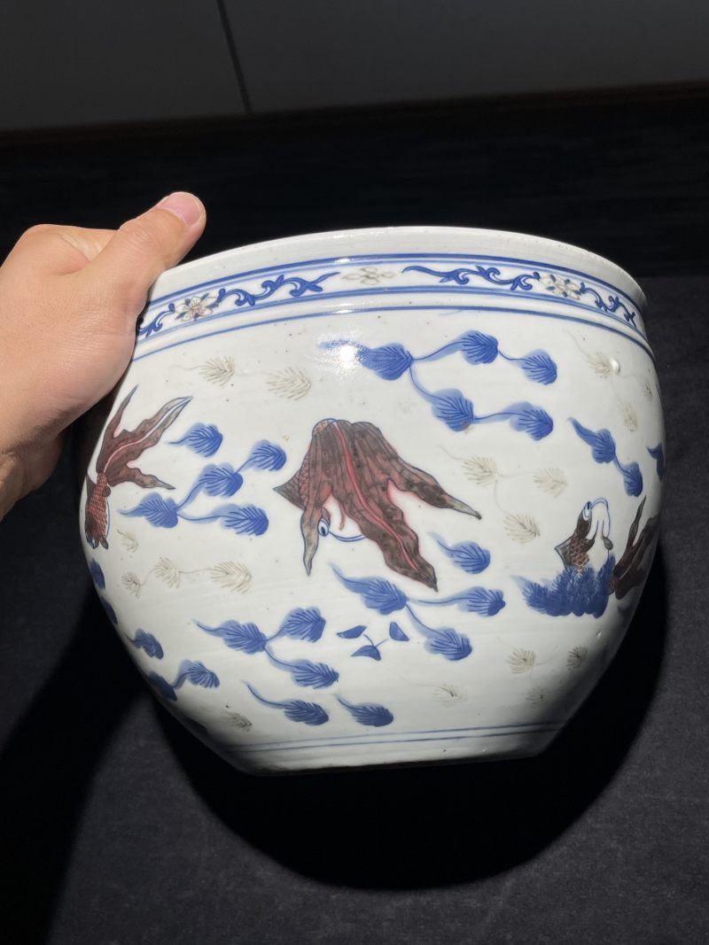 清中期 青花釉里红鱼藻纹卷缸 - 图3