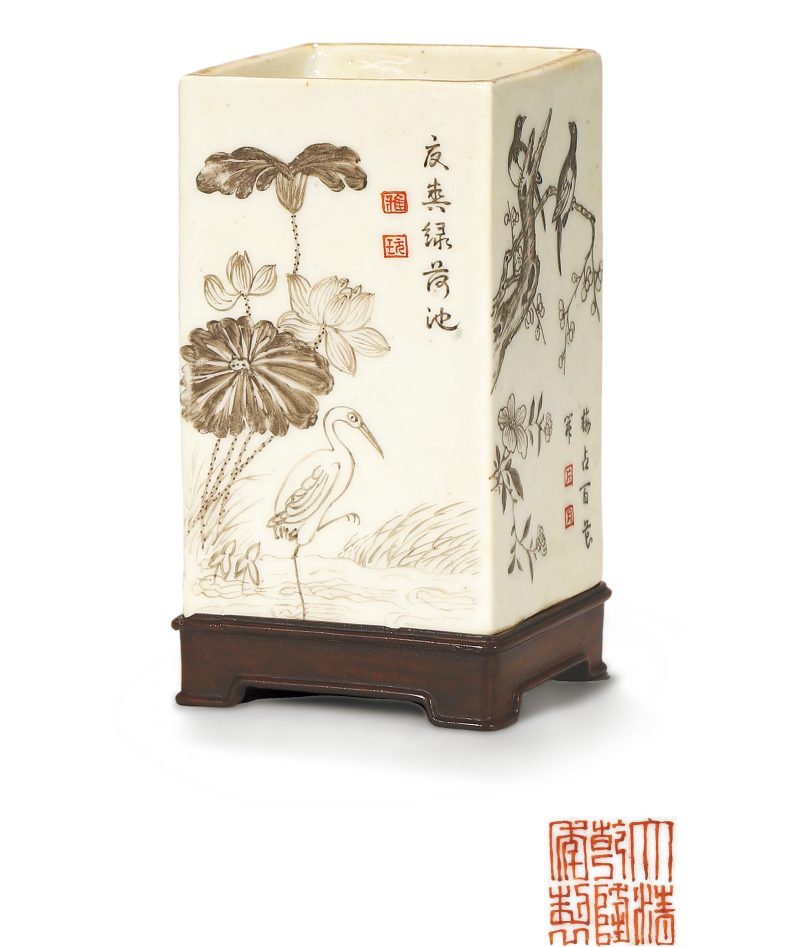 清乾隆 墨彩花鸟纹四方小笔筒