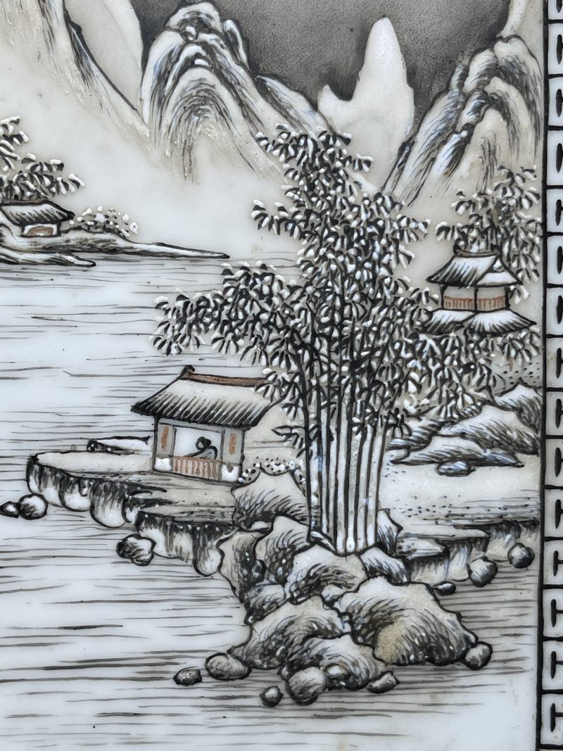 解放后 粉彩雪景图瓷板一对 - 图3