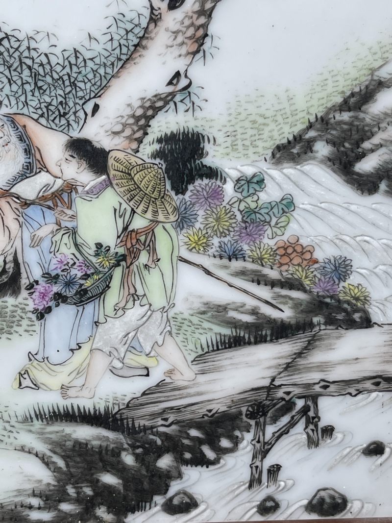 民国 粉彩陶渊明爱菊纹瓷板 - 图5