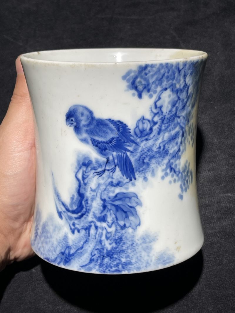 民国 王步青花花鸟纹笔筒 - 图4