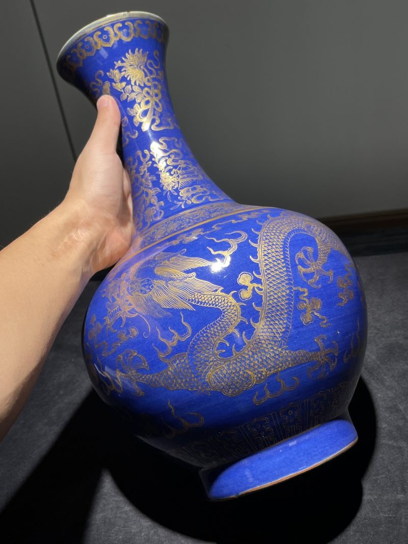 清光绪 祭蓝描金龙纹赏瓶一对 - 图5
