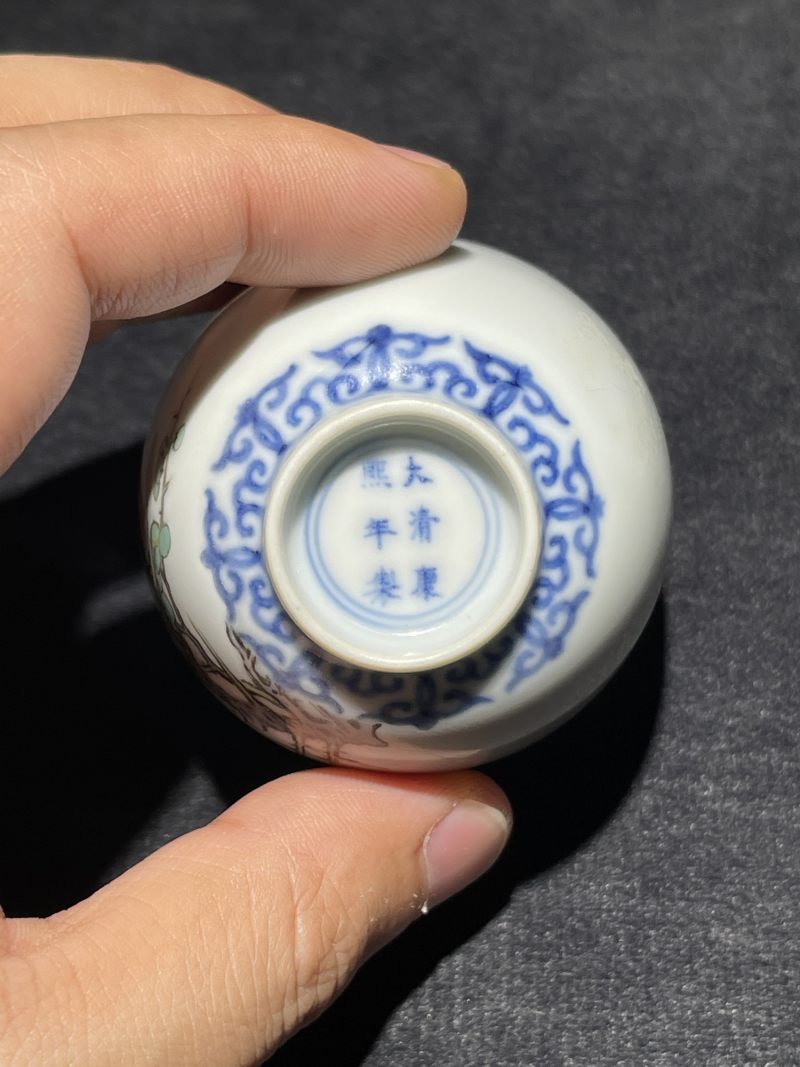 清康熙 青花花卉纹杯 晚清加彩 - 图8