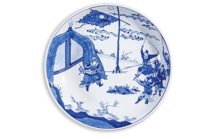 清康熙 青花马超夜袭曹营图大盘