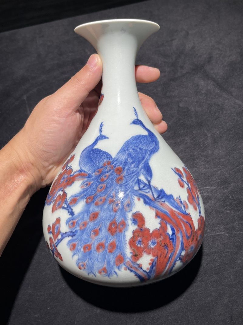 50年代 青花釉里红梅花孔雀图玉壶春瓶 - 图2