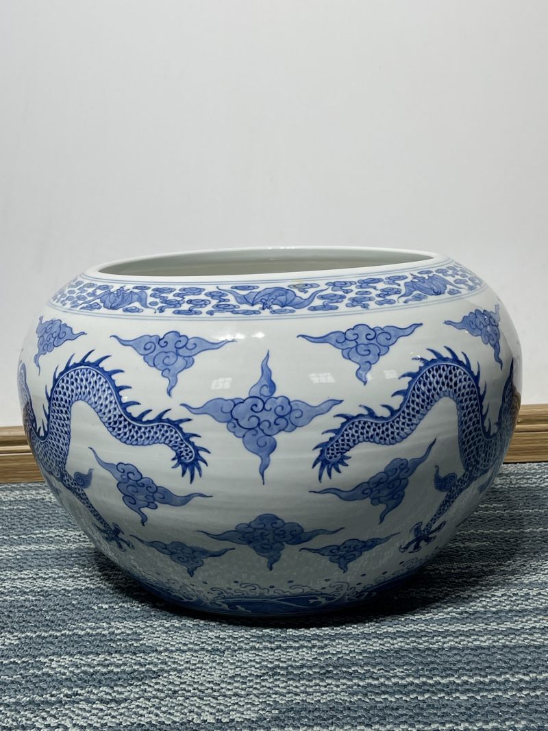 50年代 青花龙纹大卷缸一对 - 图4