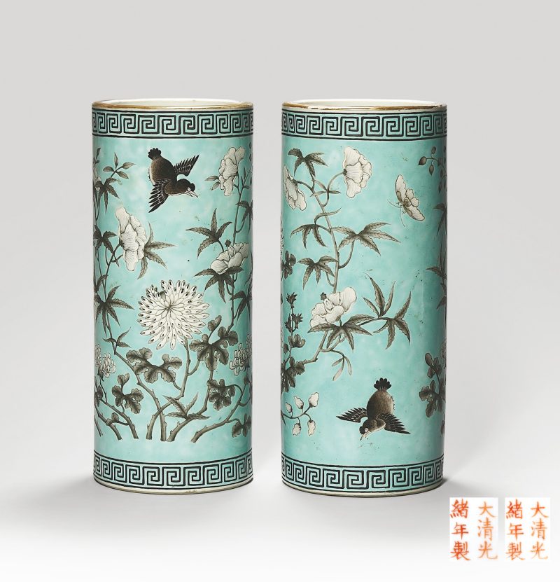 清光绪 松石绿地墨彩花鸟纹帽筒一对 - 图1