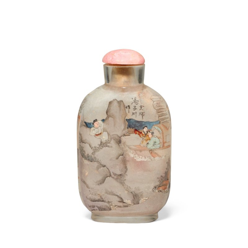 約一八九二至一九零一年 湯子川 玻璃内畫鼻烟壺 | AN INSIDE-PAINTED SNUFF BOTTLE - 图1