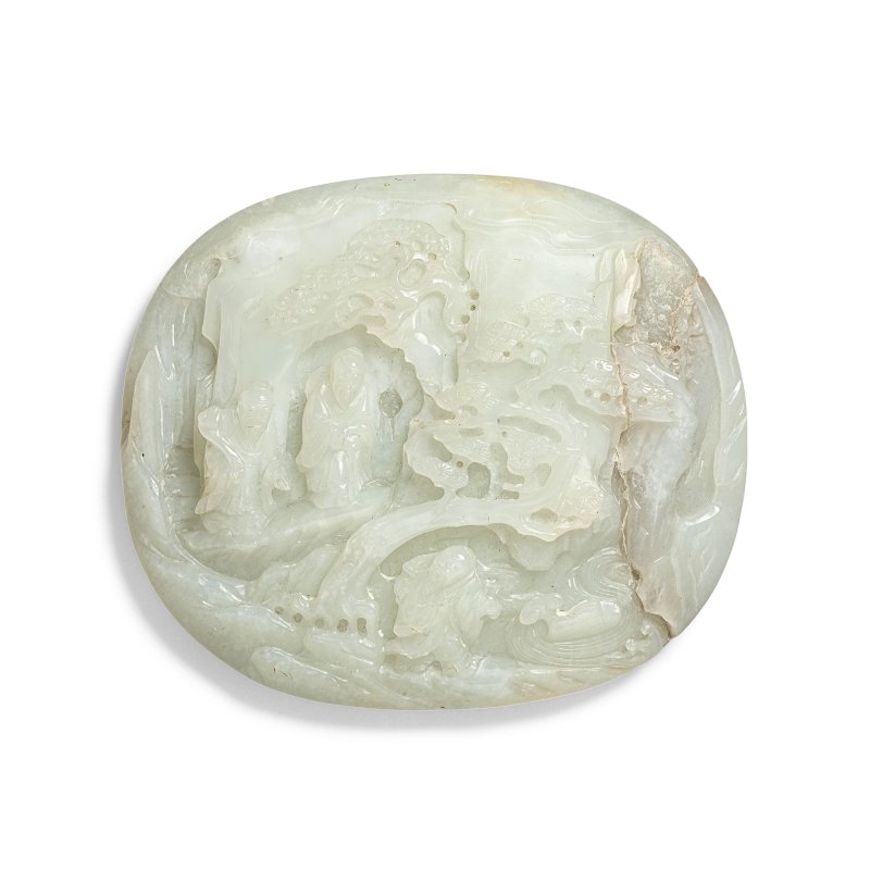 十八/十九世紀 白玉雕仙人山景圖牌 | A WHITE JADE PLAQUE