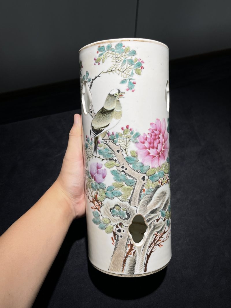 清晚期 浅绛彩花鸟纹帽筒 - 图2