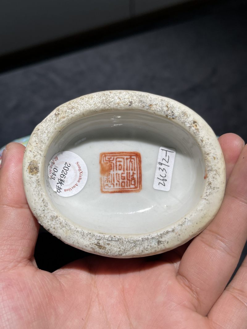 清同治 粉彩花卉开光花鸟人物纹抱月瓶一对 - 图8