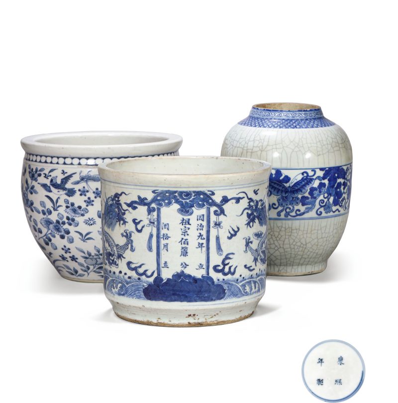 清代 青花炉、卷缸、瓶一组3件 - 图1
