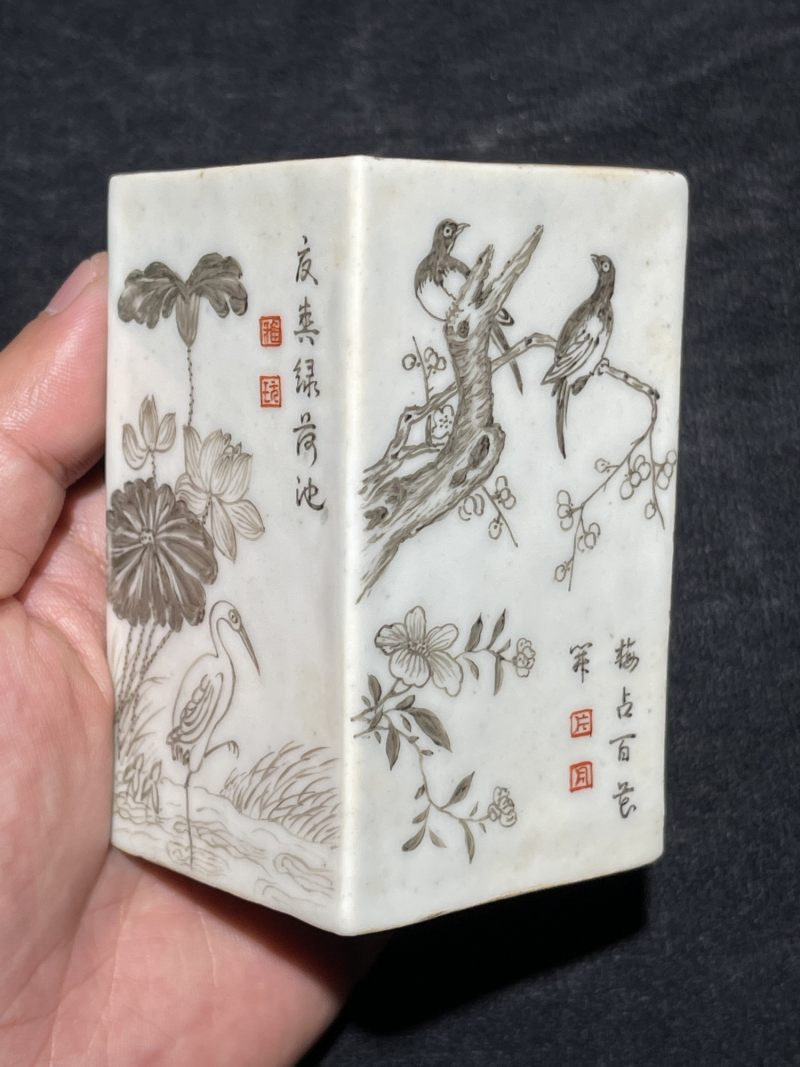 清乾隆 墨彩花鸟纹四方小笔筒 - 图5