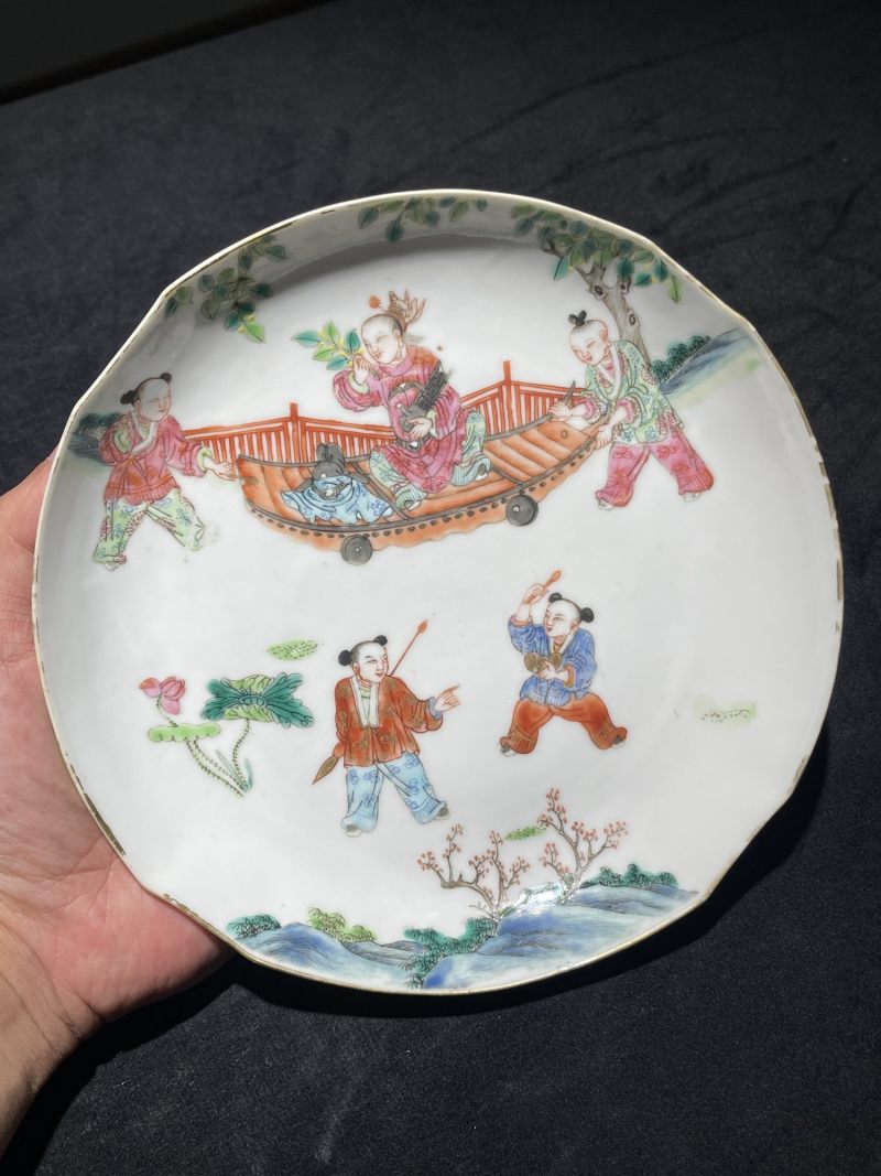 清道光 粉彩五子登科纹四方倭角盘 - 图2