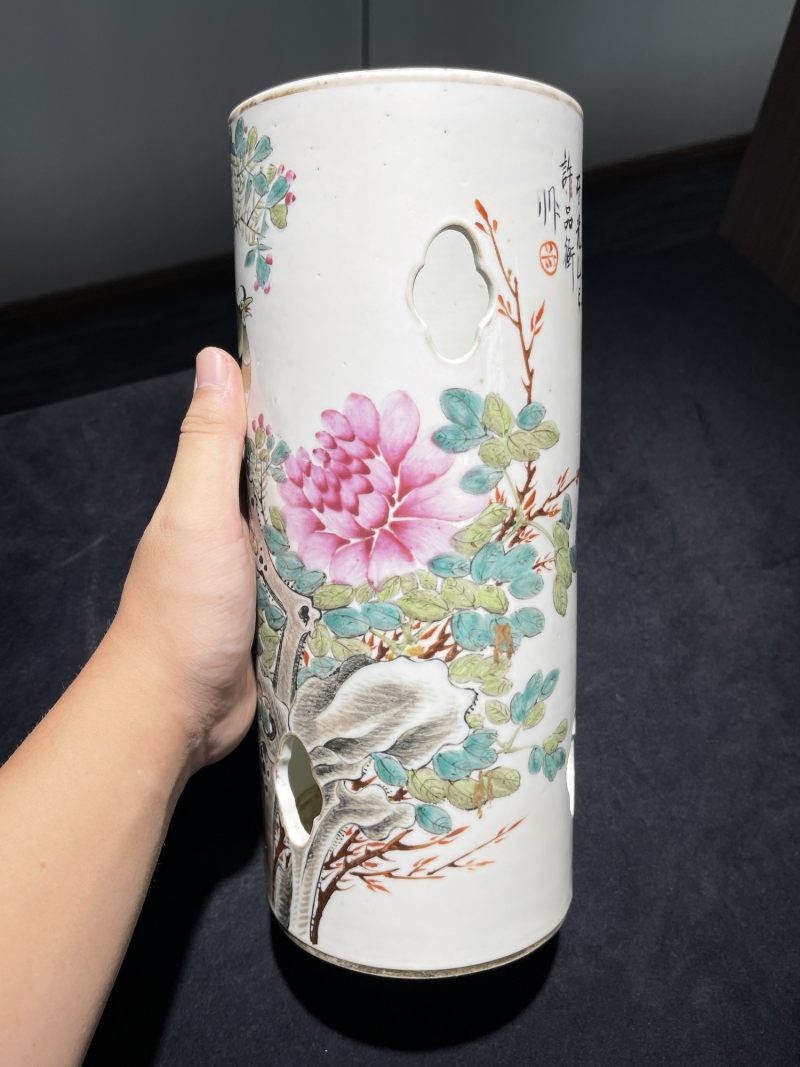 清晚期 浅绛彩花鸟纹帽筒 - 图3