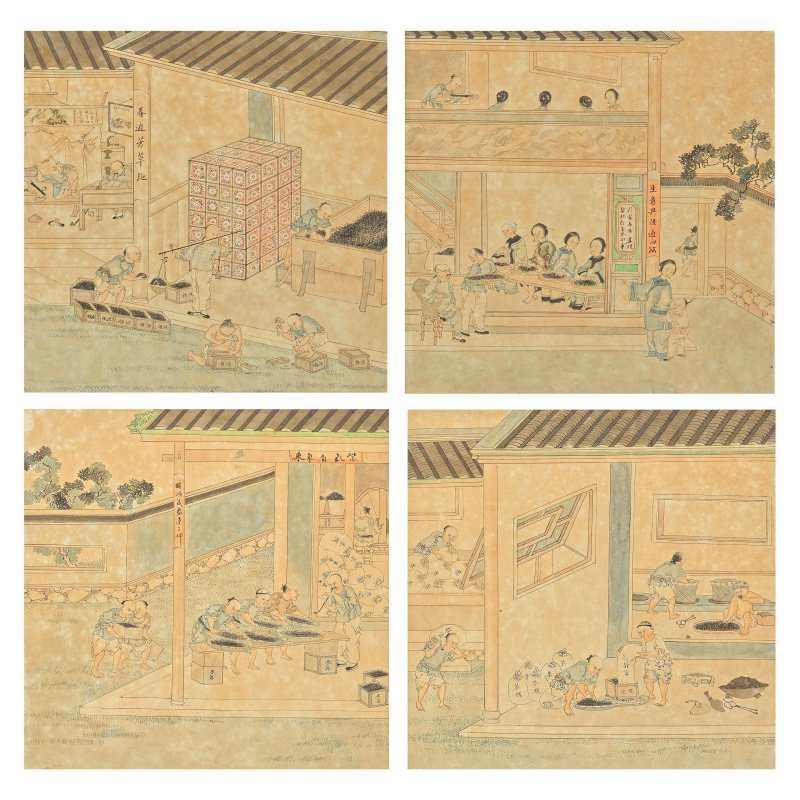 中國畫家 民國 製茶圖四幅 水粉紙本 鏡框 | CHINESE ARTIST (REPUBLIC PERIOD)