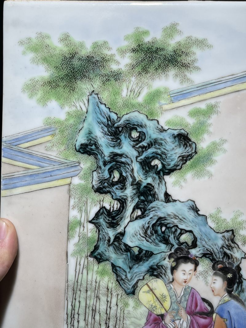 民国 熊晓峰画粉彩红楼梦纹瓷板一对 - 图12