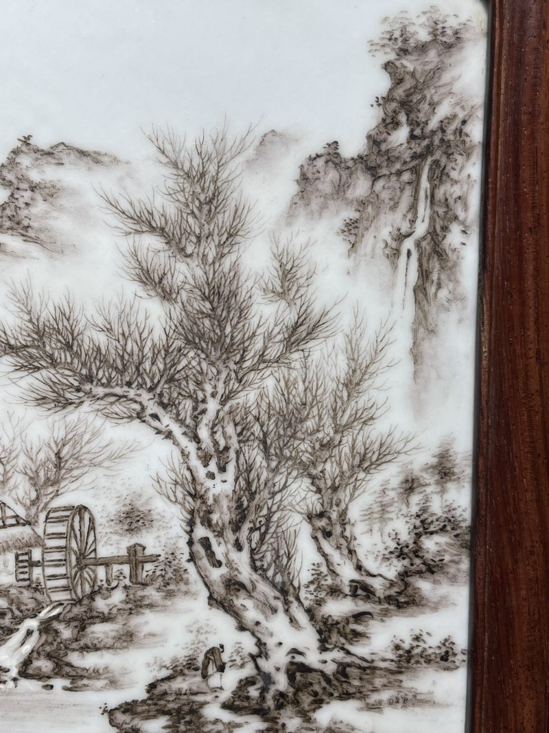民国 汪野亭画墨彩山水纹瓷板 - 图3