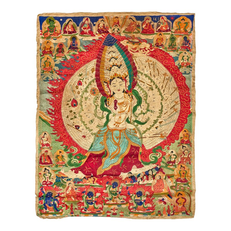 十九/二十世紀 緞綉大白傘蓋佛母像 | AN EMBROIDERED THANGKA OF SITATAPATRA