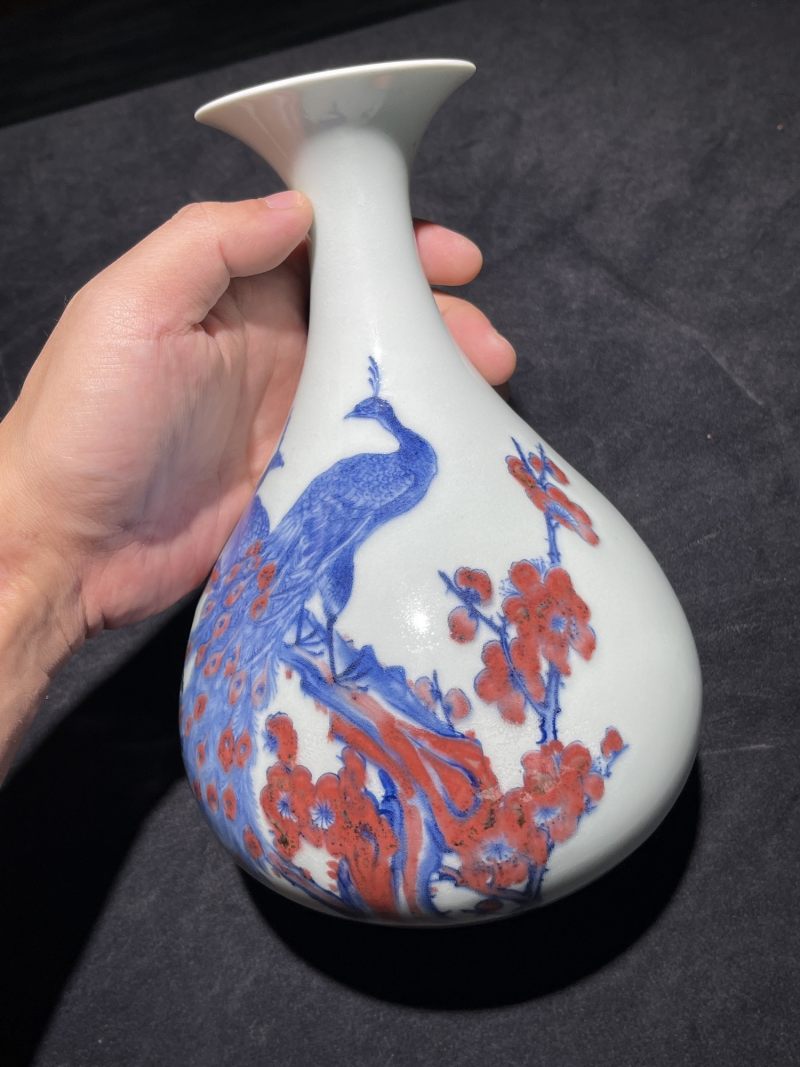 50年代 青花釉里红梅花孔雀图玉壶春瓶 - 图5