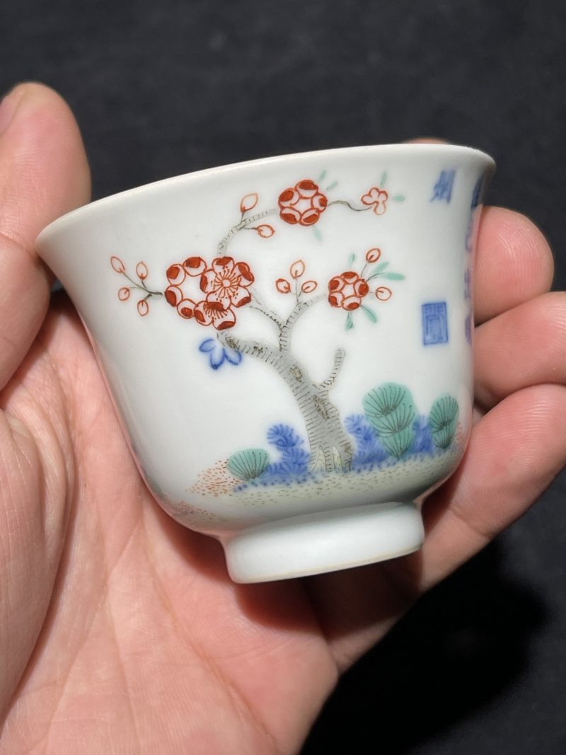 清同治 青花五彩花神杯 - 图2