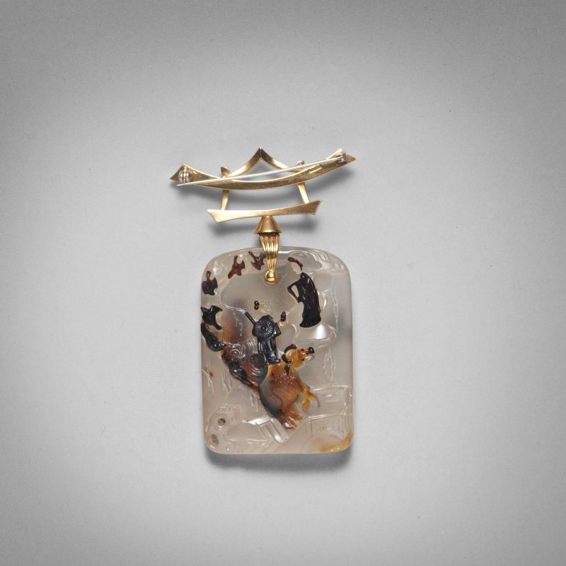 十八/十九世紀 蘇作瑪瑙巧雕鵲橋相會圖詩文佩 | A SUPERB CARVED AGATE 'WEAVER GIRL AND COWHERD' PENDANT - 图6