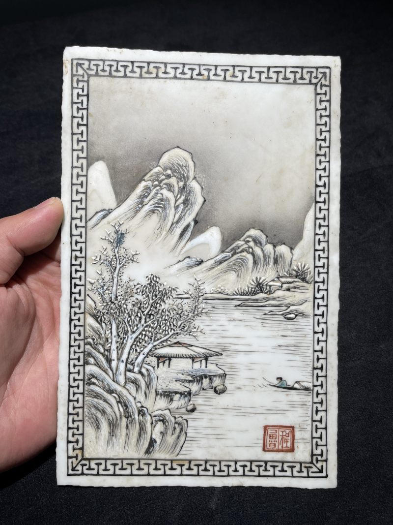 解放后 粉彩雪景图瓷板一对 - 图8