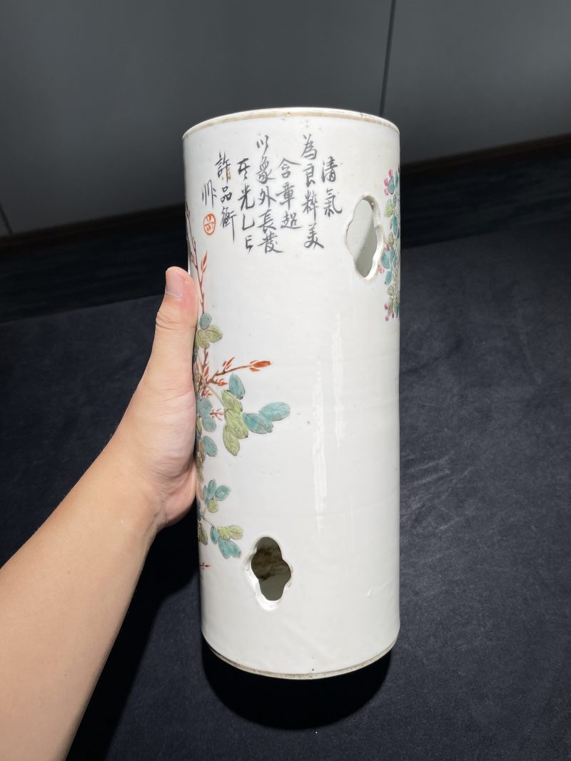 清晚期 浅绛彩花鸟纹帽筒 - 图4