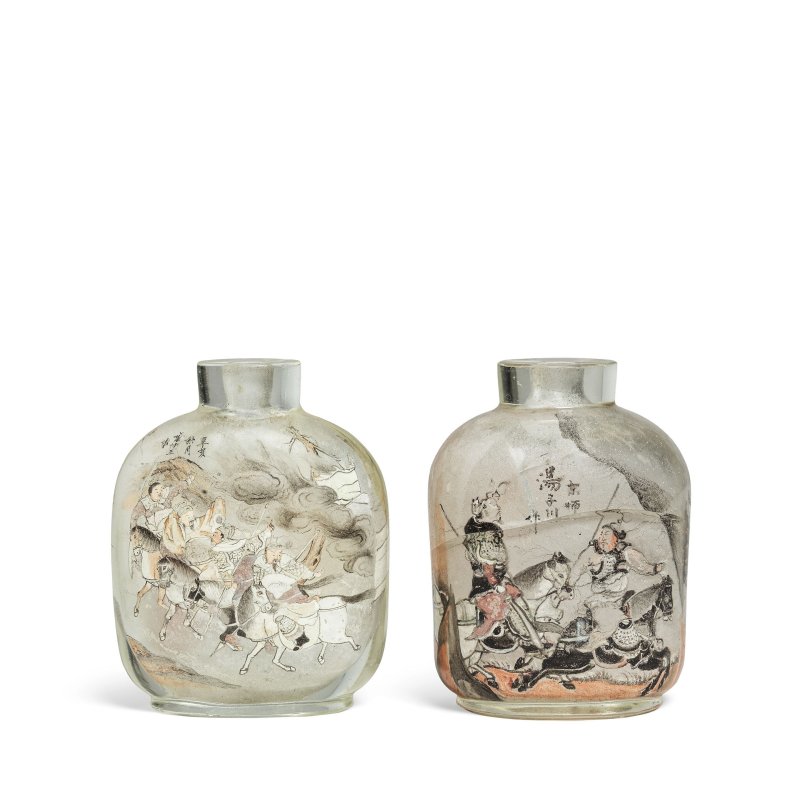一九一一及二十世紀早期 玻璃内畫鼻烟壺兩件 | TWO INSIDE-PAINTED GLASS SNUFF BOTTLES