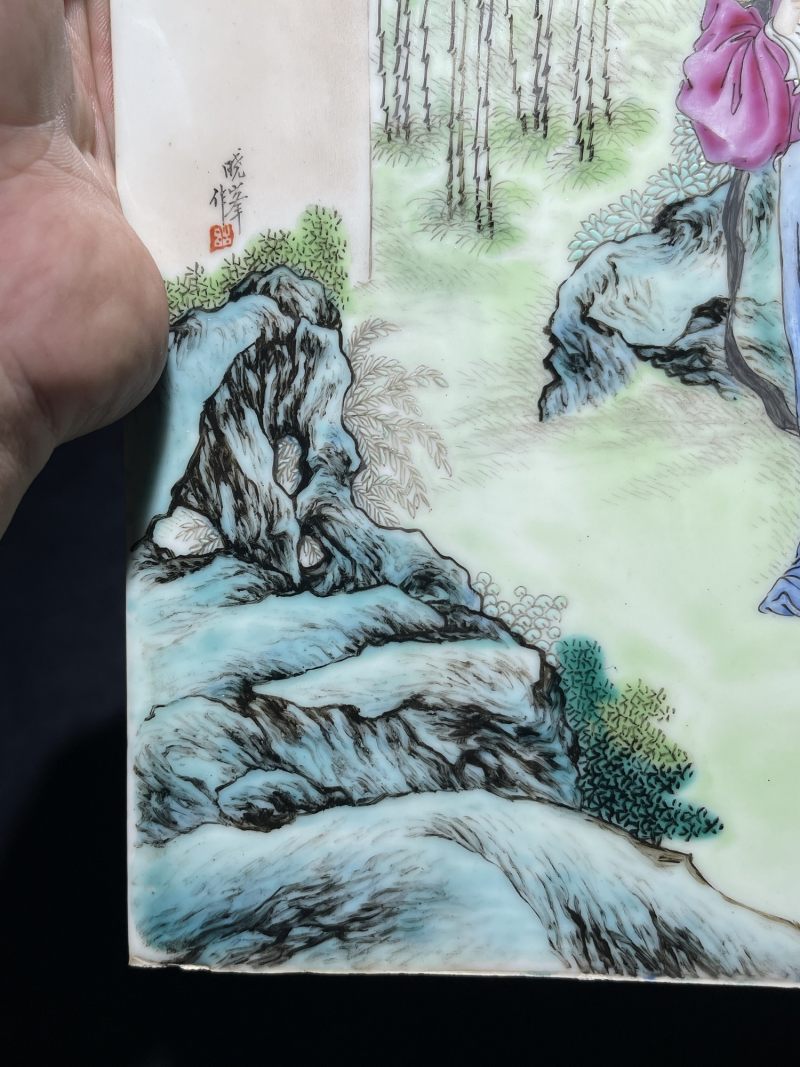 民国 熊晓峰画粉彩红楼梦纹瓷板一对 - 图13