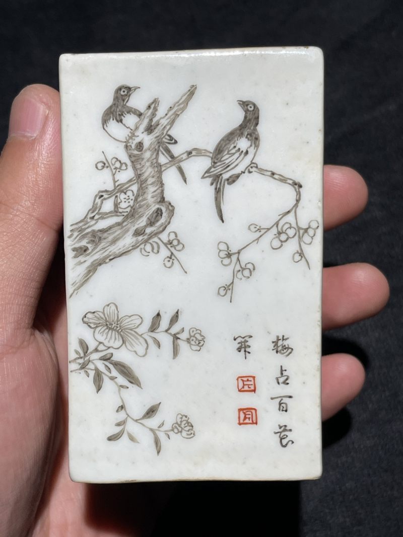 清乾隆 墨彩花鸟纹四方小笔筒 - 图7