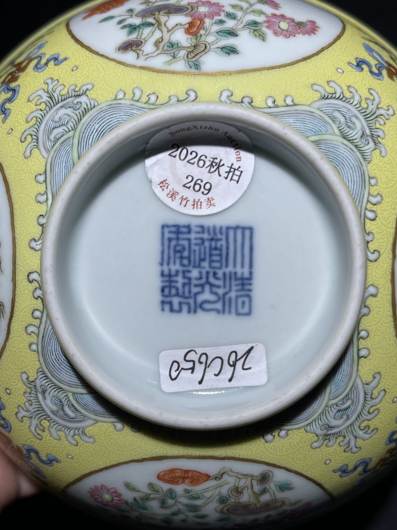 清道光 御制黄地轧道洋彩开光万寿无疆纹宫碗 - 图14