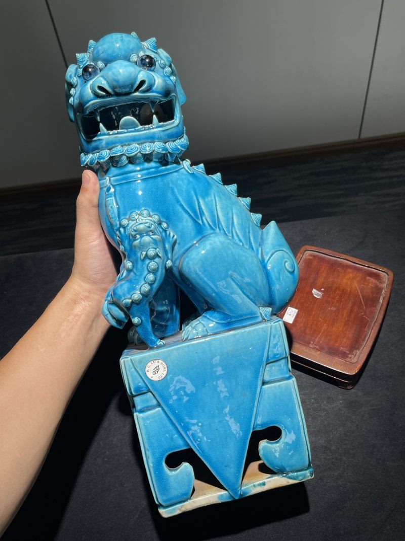 清康熙 孔雀蓝釉狮子瓷塑一对 - 图14