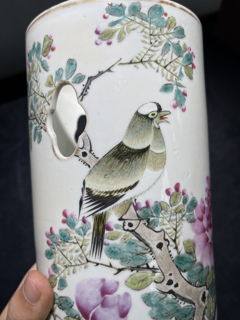 清晚期 浅绛彩花鸟纹帽筒 - 图5