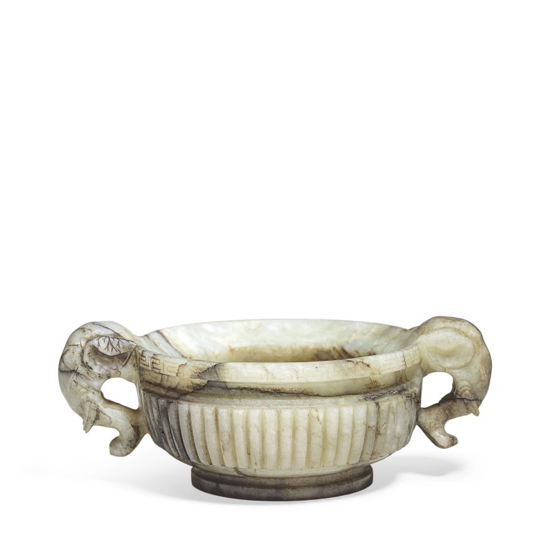 清 灰青玉雕象紋香爐 | A PALE GREEN AND BLACK JADE 'ELEPHANT' INCENSE BURNER