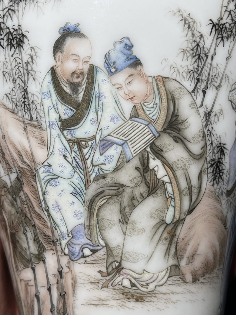 民国 汪晓棠粉彩竹林七贤纹梅瓶一对 - 图19