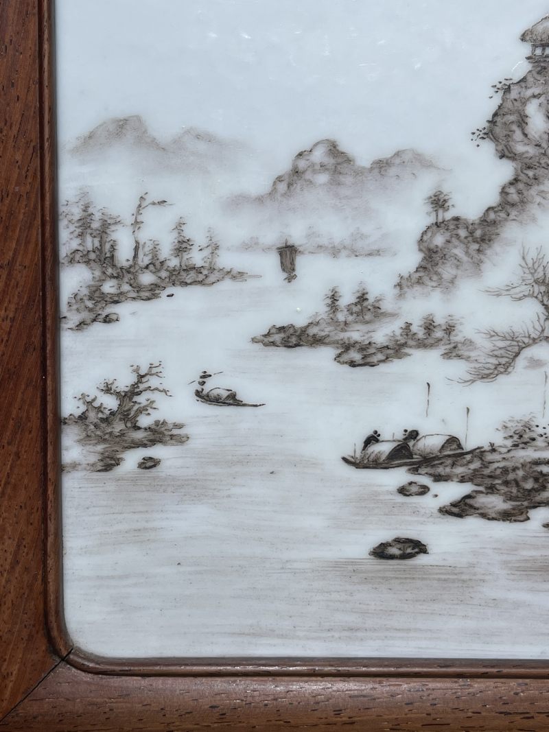 民国 汪野亭画墨彩山水纹瓷板 - 图5