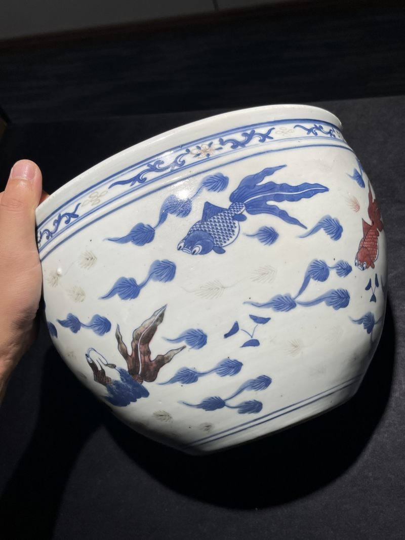 清中期 青花釉里红鱼藻纹卷缸 - 图4